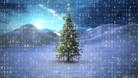 Digital Christmas Tree in Snowy Landscape with Code Overlay