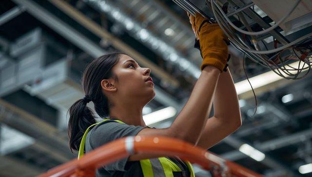 Female electrician wiring overhead cable tray on elevated lift in industrial warehouse