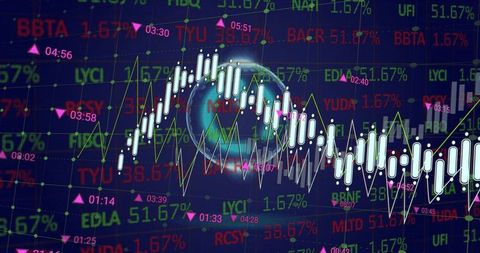 Tracking global markets with neon candlestick arc, line graphs, globe and ticker data