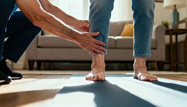 Caregiver supporting senior ankle during home balance exercise on yoga mat for mobility