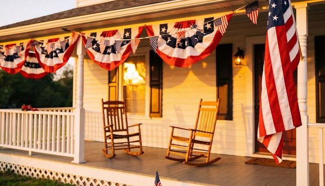 Front porch basking in golden light with wooden rocking chairs and patriotic bunting