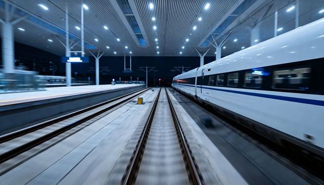 Gliding high-speed train through station at night with canopy lights and motion blur
