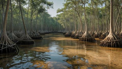 Serene mangrove swamp with sunlit stilt roots reflecting in bay of bengal water