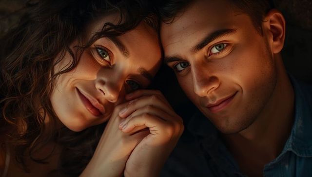 Holding hands, couple pressing faces together in warm low light closeup intimate moody portrait
