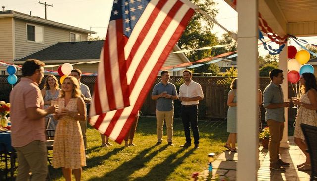 American flag billowing over suburban backyard party with summer guests and bunting