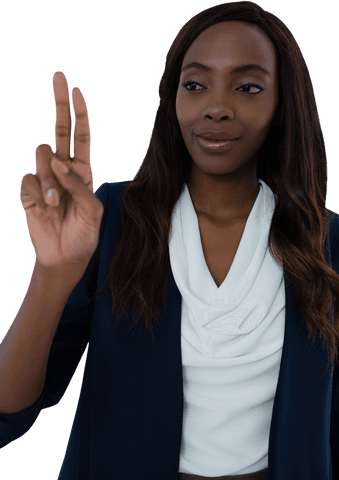 Businesswoman Engaging with Transparent Interface in Professional Setting