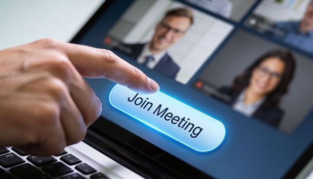 Tapping Join Meeting Button on Laptop Screen During Virtual Business Video Conference