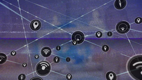 Abstract Network of Digital Icons on Static Effect Background