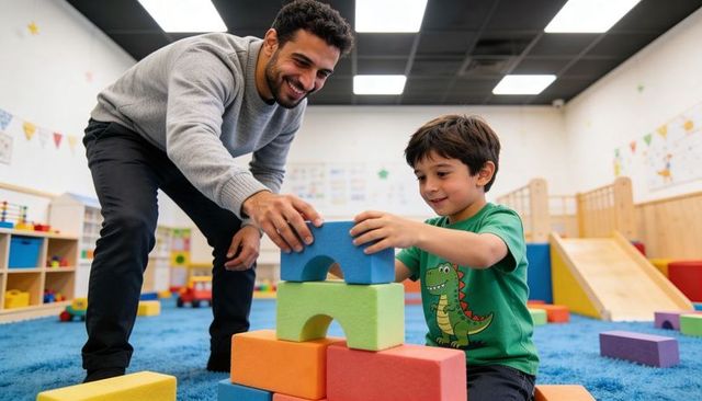 Male teacher guiding preschool boy stacking colorful foam blocks on blue carpet playroom