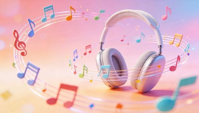White over-ear wireless headphones with swirling colorful music notes on pastel gradient