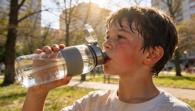 Teen boy sipping water from reusable bottle in sunlit urban park during summer golden hour