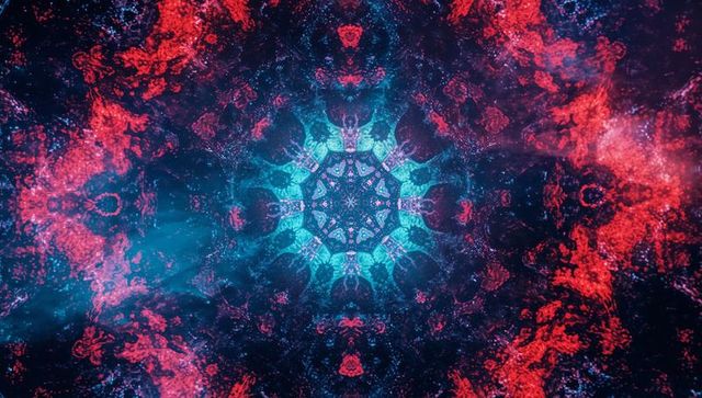 Vibrant Cosmic Kaleidoscopic Pattern with Cyan and Magenta Highlights