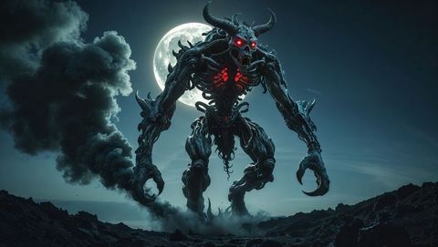 Terrifying demon with glowing eyes under full moon in hell