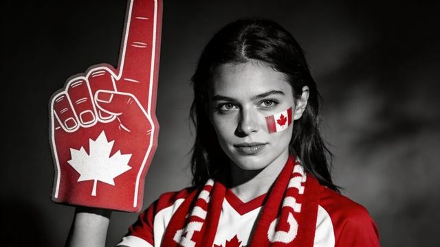Confident canadian fan wearing red jersey, scarf and maple leaf foam finger portrait
