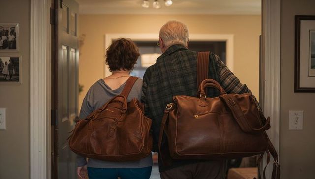 Walking out together carrying vintage leather duffel bags through cozy home hallway