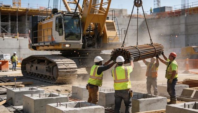 Lowering crawler crane delivering suspended rebar bundle while crew guides reinforcement
