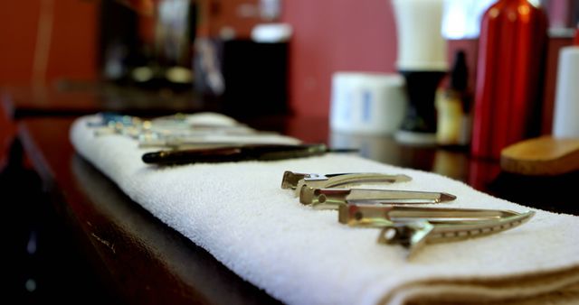 Close-up of Vintage Barber Tools Lined Up on White Towel in Barber Shop - Download Free Stock Images Pikwizard.com