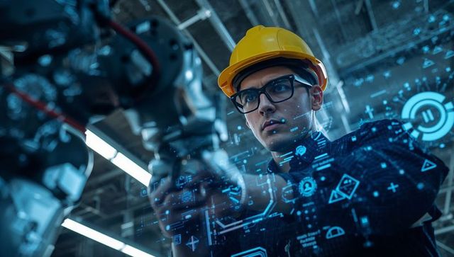 Engineer inspecting robotic arm using augmented reality interface in smart factory