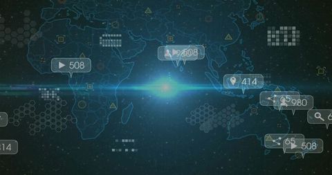 Neon Holographic World Map Visualizing Global Data Network with Analytics Callouts