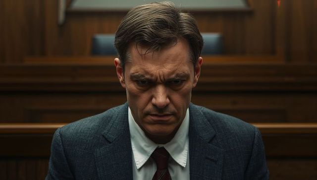 Somber businessman sitting on courtroom bench frowning during tense legal hearing