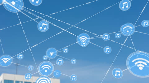 Digital Network Icons Overlaying Urban Skyline