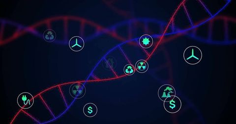 Futuristic dna twist with eco-friendly innovation symbols
