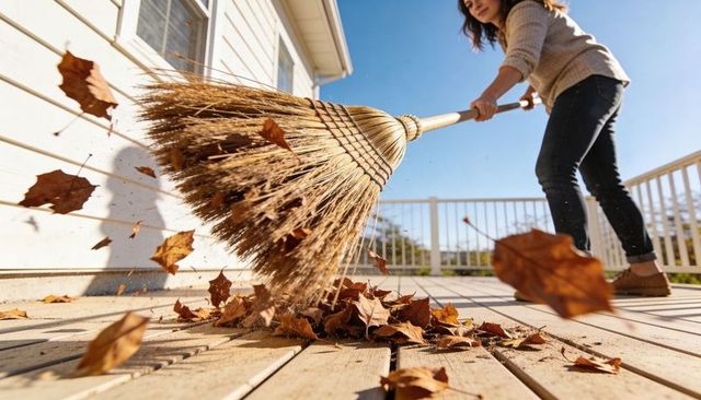 Woman sweeping wooden porch with straw broom, autumn leaves flying, sunny outdoor chore