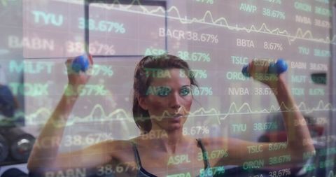 Woman Exercising with Financial Data Overlay