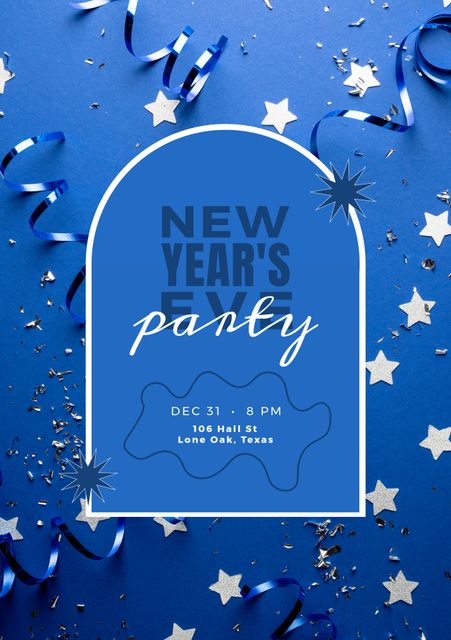 This vibrant New Year's Eve party invitation features a striking blue theme with confetti and star elements, making it perfect for promoting festive events and holiday celebrations. Suitable for use as a digital invite or in-print flyer, it instantly grabs attention for parties ringing in the new year on December 31st in various venues, adding a modern and stylish touch to event announcements.