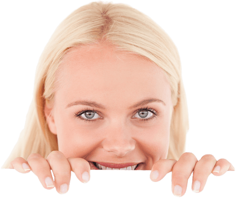 Smiling Blonde Woman Holding Blank Business Card Transparent Background