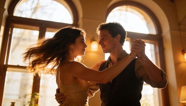Intimate couple dancing in golden backlight, slow ballroom embrace in elegant interior