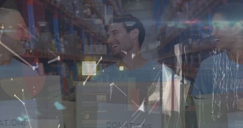 Digital interface overlay on diverse warehouse team collaborating