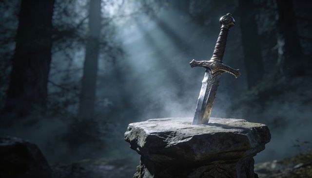 Ornate medieval sword resting in mossy stone plinth, sunbeams piercing foggy ancient forest