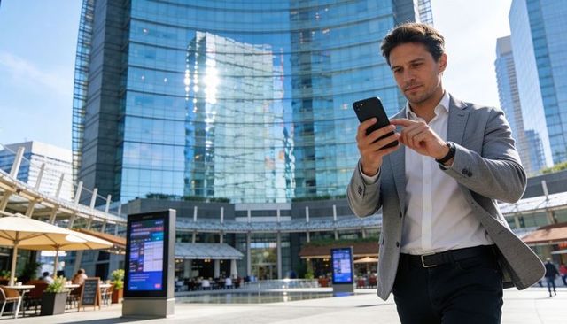 Businessman walking through glass tower plaza tapping smartphone while navigating urban day