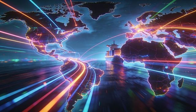 Connecting global trade via neon shipping routes with cargo vessel navigating ocean