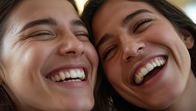 Laughing women leaning faces together revealing teeth closeup warm friendship portrait