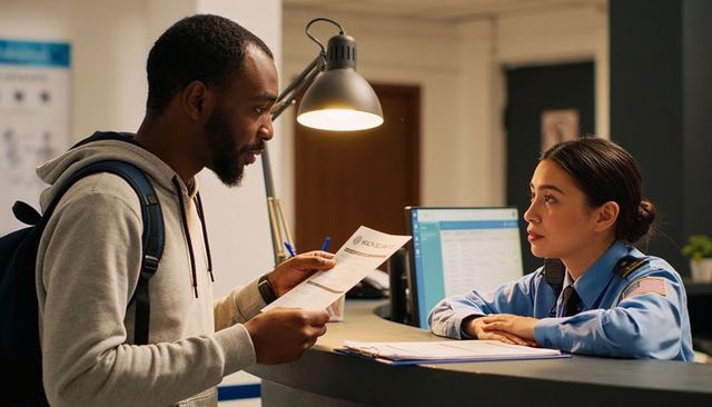Man handing document to security guard at reception desk during visitor check-in