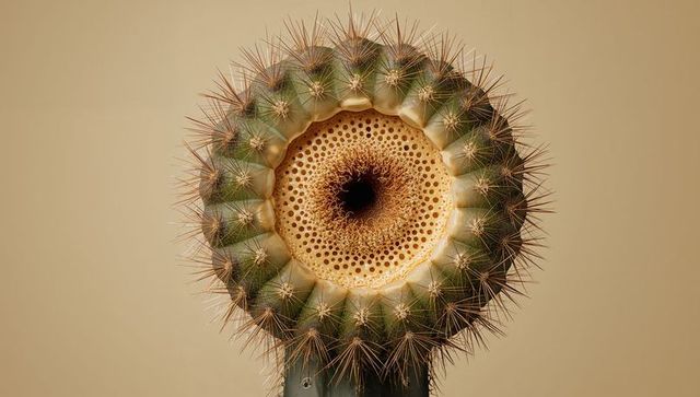 Barrel cactus cross section revealing porous core, radial symmetry and spiny texture