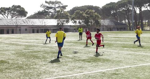 Youth Soccer Team Practicing on Sunny Field