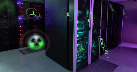 Eco Icons Over Computer Servers Indicating Sustainable Data Center