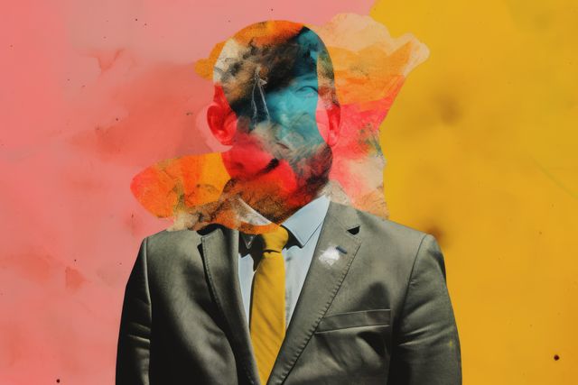 Man with face covered by paints on blue to pink background, created using generative ai technology. Faceless person, anonymity and colour concept digitally generated image.