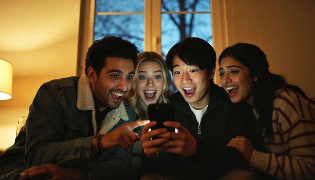 Group of friends discovering surprising video on smartphone during cozy twilight evening