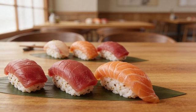 Fresh tuna and salmon nigiri resting on bamboo leaf at warm wooden sushi restaurant table