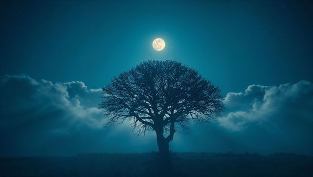 Serene Silhouette Tree Under Full Moon Night Sky