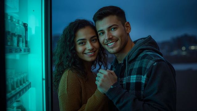 Smiling couple holding hands by teal-lit cooler on pier at dusk, warm romantic glow
