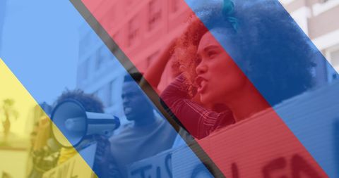 Diverse protesters for peace banner conflict resolution