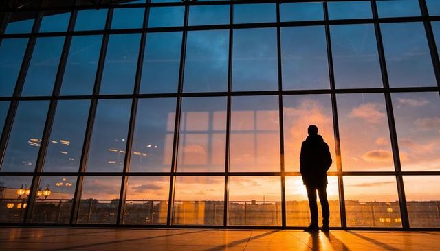 Silhouette commuter watching urban sunset through towering glass wall with reflections