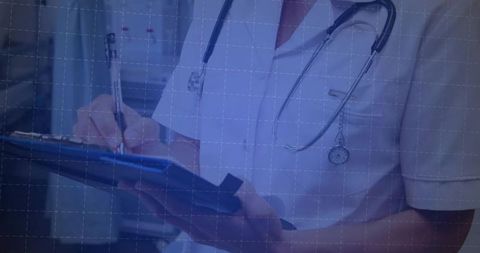 Medical professional noting details on blue clipboard in hospital environment