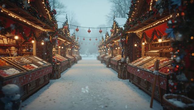 Festive Christmas Market Stalls Lined with Snow in Urban Park