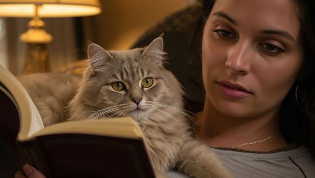 Woman reading and cradling long-haired tabby cat on lap in cozy lamp-lit living room